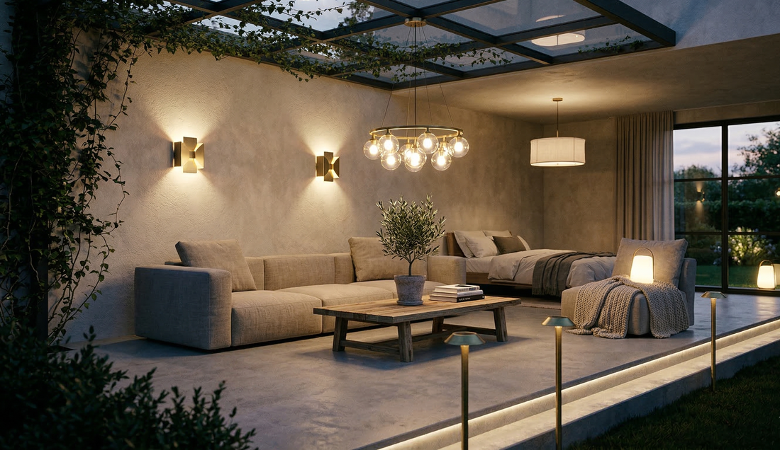 Une terrasse de rêve à Châtelet, Belgique, baignée d'une lueur dorée et chaleureuse à 2700K.