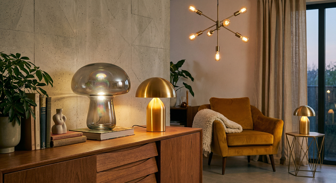 Luminoria avec une suspension design au plafond, une lampe sur pied élégante dans un coin,