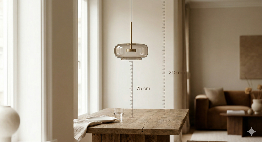 Cette image présente une suspension au design minimaliste et chic dans un intérieur contemporain. Le luminaire, composé d'un globe en verre fumé et d'une tige en laiton doré, est suspendu au-dessus d'une table en bois brut texturé.