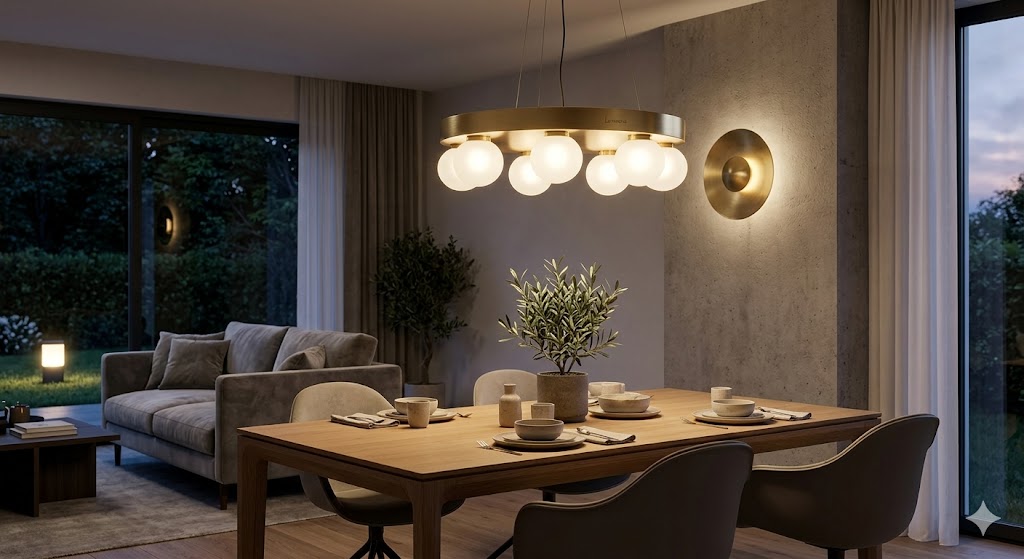 Un salon moderne et sophistiqué à Châtelet, Belgique, baigné d'une lueur dorée et chaleureuse à 2700K.