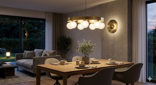 Un salon moderne et sophistiqué à Châtelet, Belgique, baigné d'une lueur dorée et chaleureuse à 2700K.