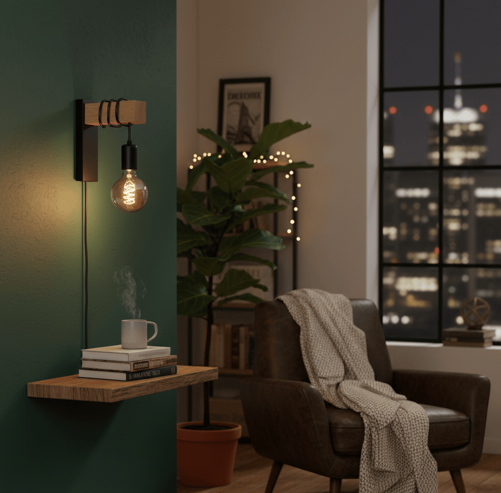 Applique murale bois dans un salon moderne, éclairage d’ambiance chaleureux