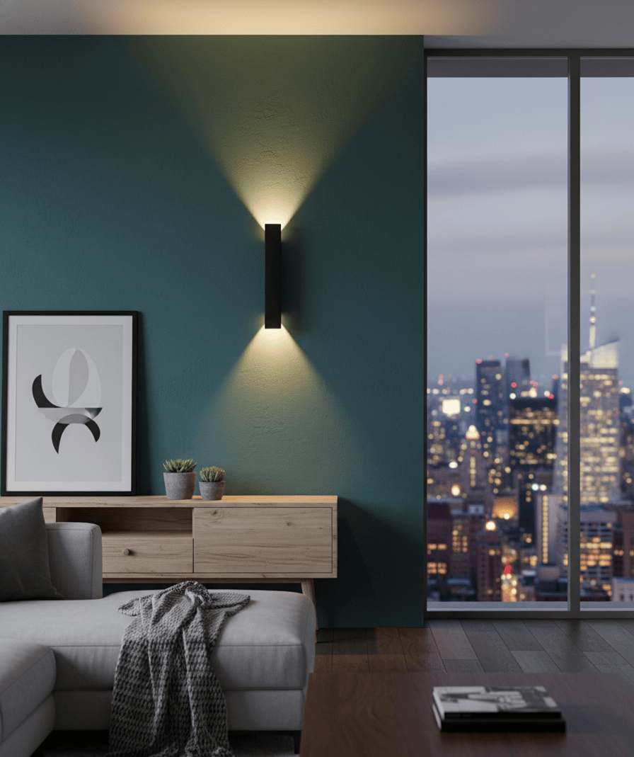 Applique murale design LED dans un salon moderne, éclairage d’ambiance mural