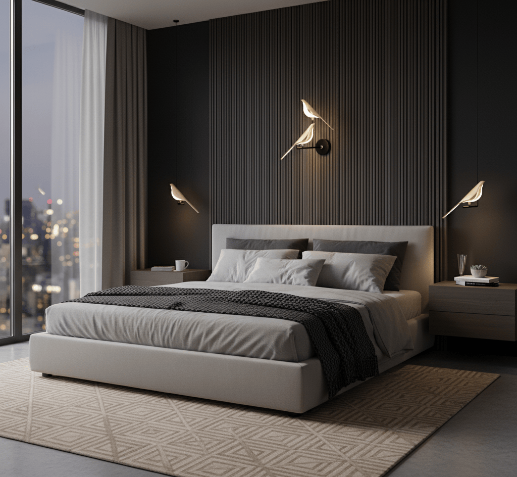 Applique murale dorée LED dans une chambre moderne, lampe murale décorative