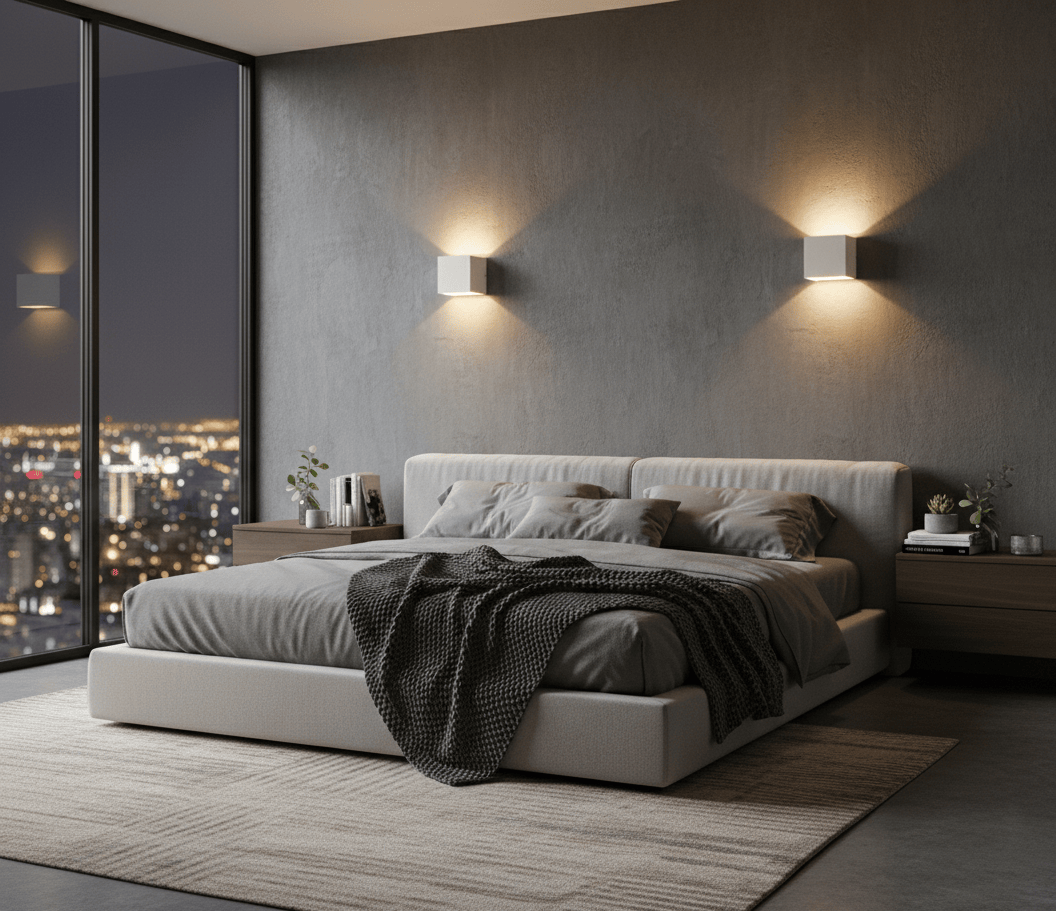 Applique murale LED cubique installée dans une chambre, lumière douce et décorative
