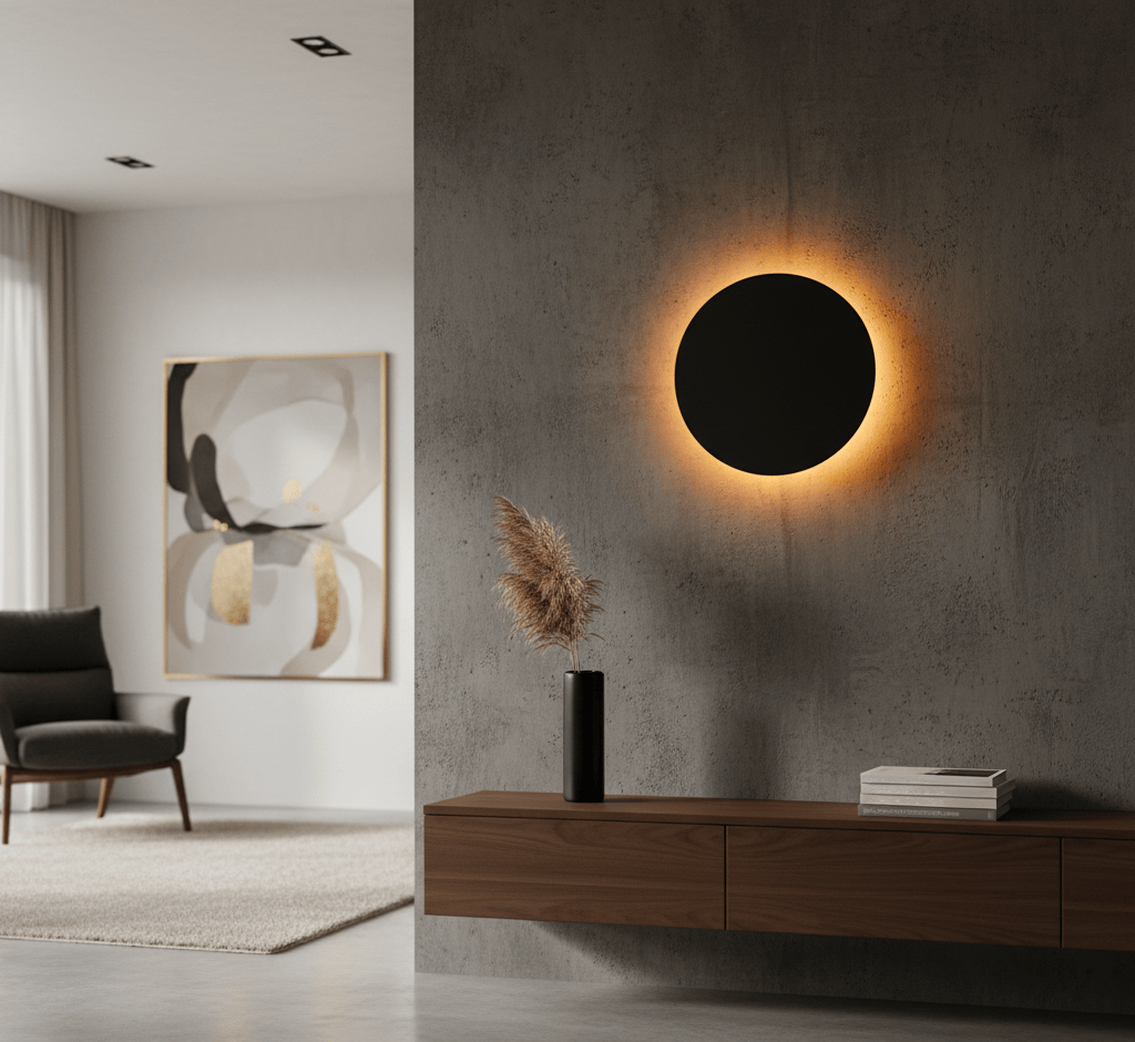Applique murale LED moderne avec halo lumineux, éclairage mural décoratif et chaleureux.