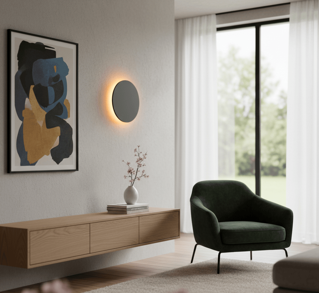 Applique murale moderne LED installée dans un salon, éclairage mural design et élégant.
