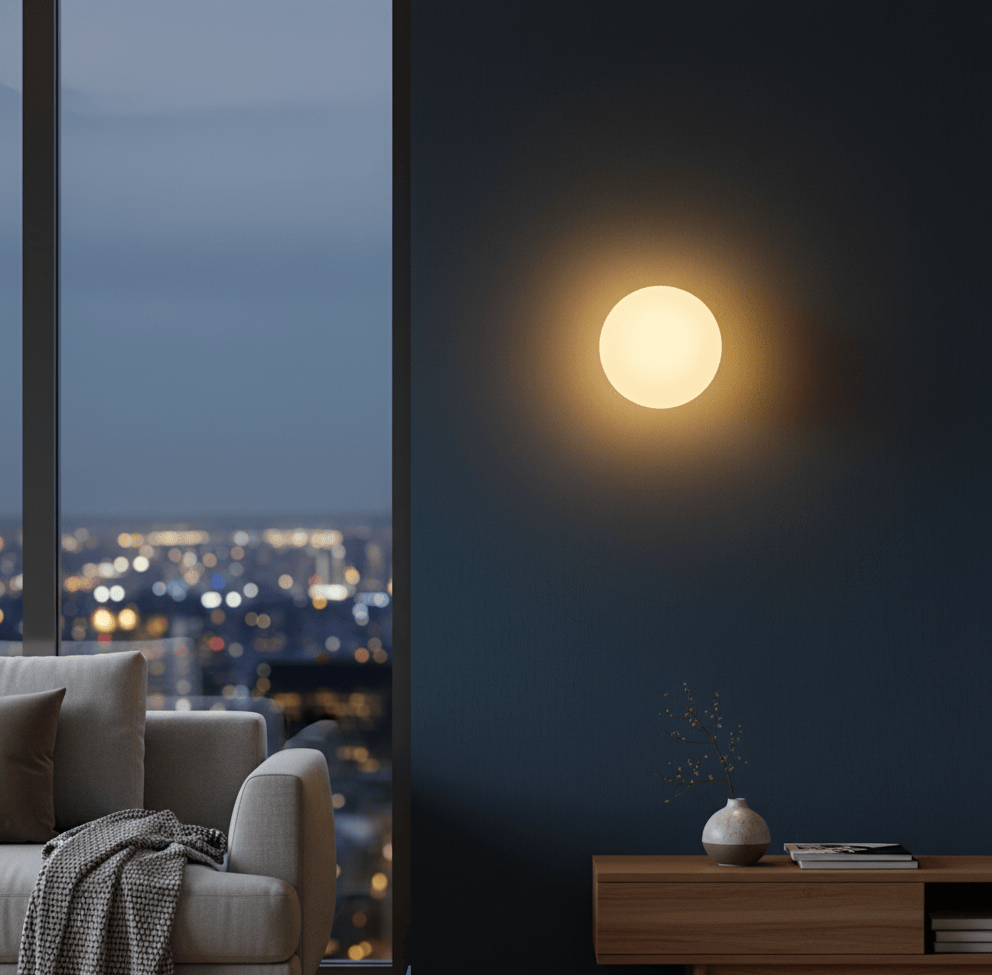 Applique murale rond LED dans un salon moderne, éclairage mural d’ambiance élégant
