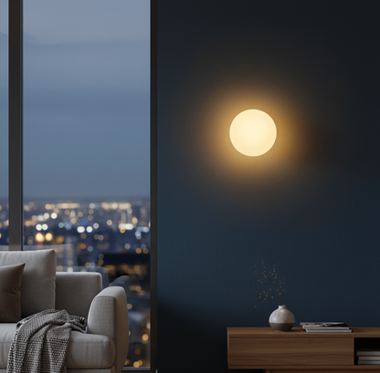 Applique murale rond LED dans un salon moderne, éclairage mural d’ambiance élégant