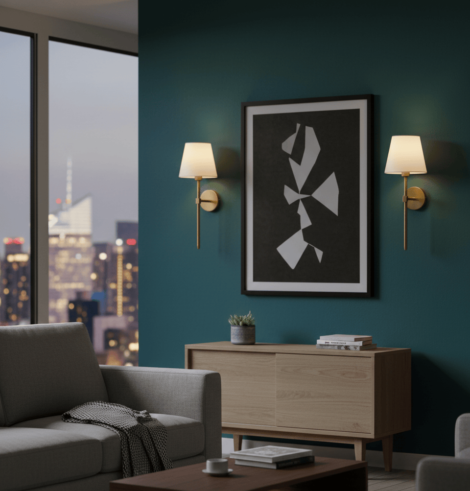 Applique murale sans fil LED design installée dans un salon moderne pour éclairage décoratif
