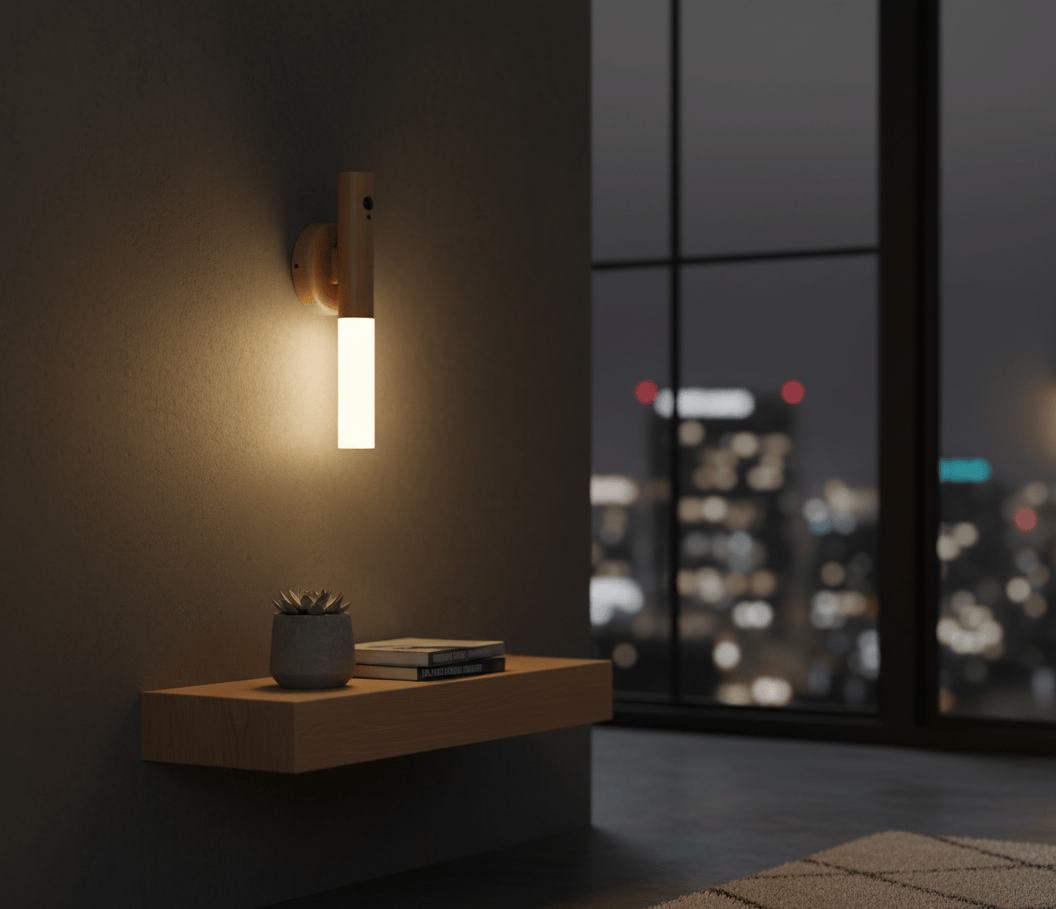 applique tete de lit murale installee dans une chambre moderne, lampe murale bois pour eclairage d’ambiance