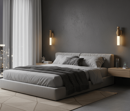 applique tete de lit led en bois avec lumiere chaude, lampe murale design pour tete de lit moderne