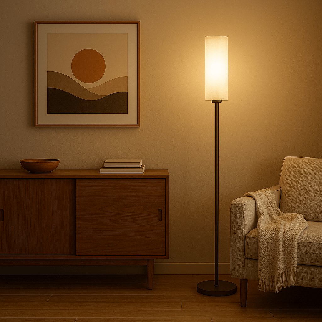 Lampadaire moderne sur pied créant une ambiance lumineuse chaleureuse dans le salon