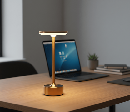 Lampe de bureau LED design placée sur un bureau moderne, éclairage minimaliste idéal pour le travail.