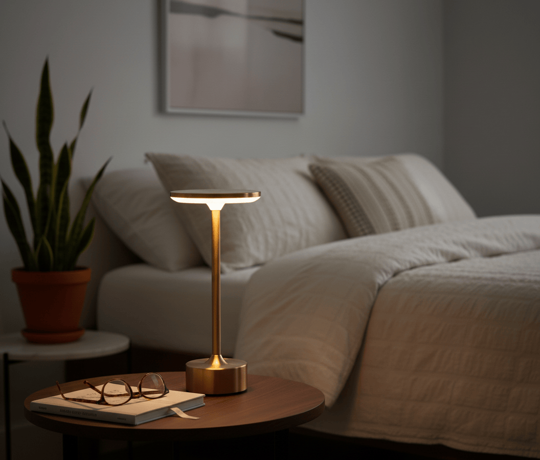 Lampe de bureau LED posée sur une table de nuit dans une chambre moderne, lumière douce et apaisante.