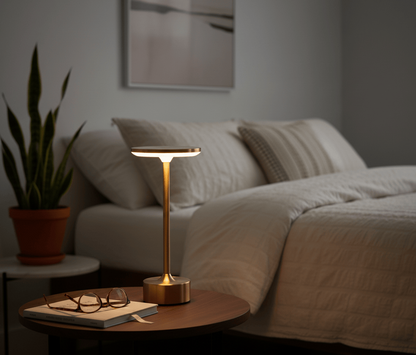 Lampe de bureau LED posée sur une table de nuit dans une chambre moderne, lumière douce et apaisante.