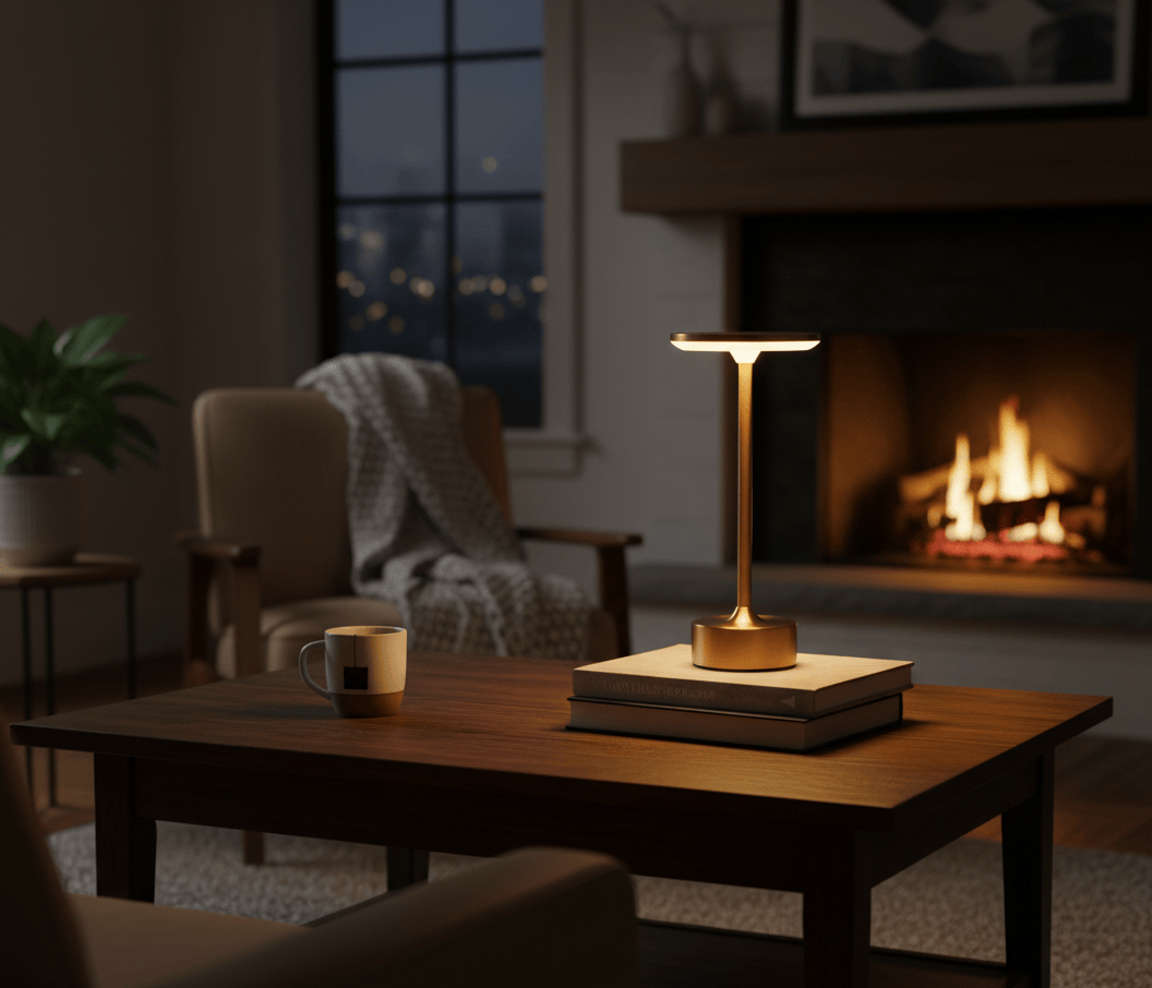 Lampe LED de bureau placée dans un salon cosy avec cheminée, éclairage chaleureux décoratif.