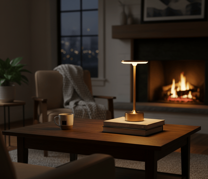 Lampe LED de bureau placée dans un salon cosy avec cheminée, éclairage chaleureux décoratif.