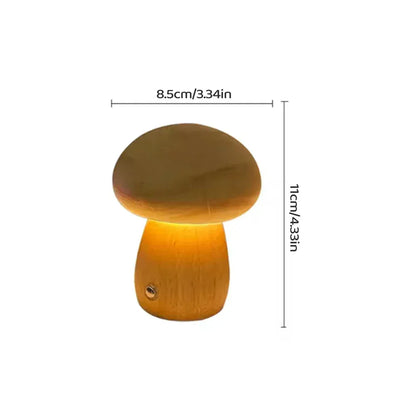 Lampe champignon en bois avec dimensions affichées, modèle compact LED rechargeable.