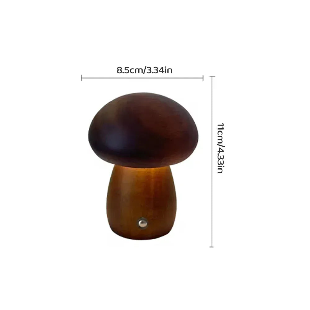 Lampe champignon en bois foncé avec dimensions, éclairage LED chaud et naturel.