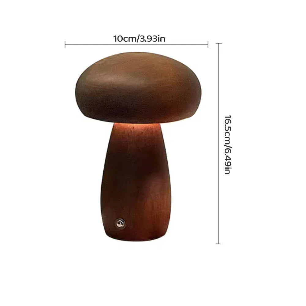 Lampe champignon en bois modèle 10 × 16,5 cm, lumière LED chaude décorative.