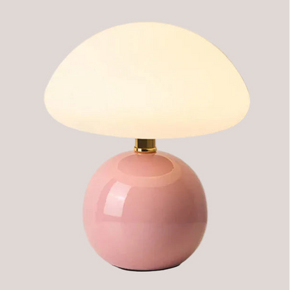Lampe champignon design rose pâle sur fond neutre, éclairage LED moderne pour ambiance cosy.