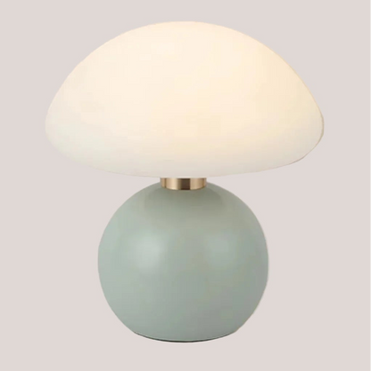 Lampe champignon design verte avec lumière douce, parfaite pour salon, chambre ou bureau.