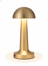 Lampe champignon dorée design sur fond blanc, éclairage LED rechargeable au style moderne et élégant.