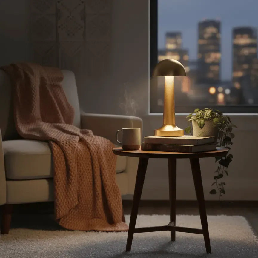 Lampe champignon dorée type A avec trois modes LED, design moderne en finition or brossé.
