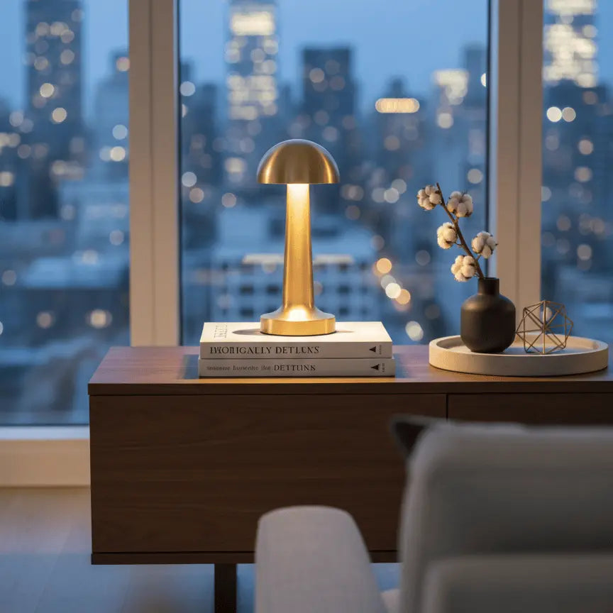 Lampe champignon dorée type B avec éclairage LED ajustable, finition or pour décoration intérieure.