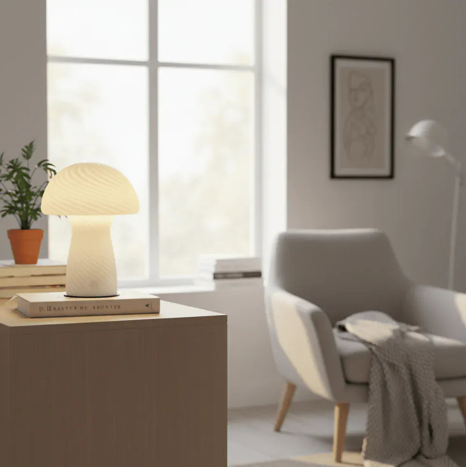 Lampe champignon en verre créant une ambiance cosy, lumière LED chaleureuse pour salon ou chambre.