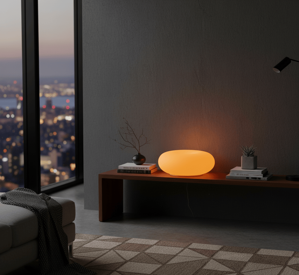 Lampe de chevet design posée dans un intérieur moderne, éclairage décoratif LED