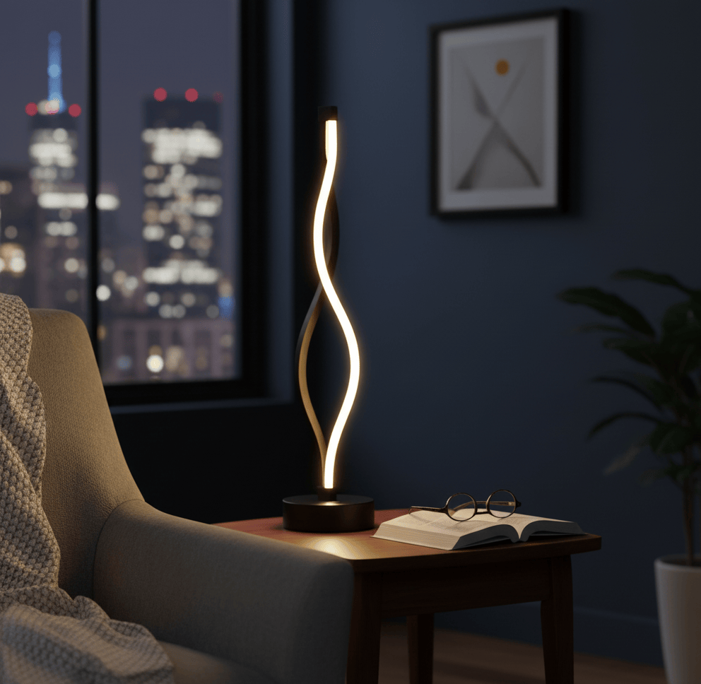 Lampe de bureau design LED posée dans un salon moderne, lumière chaleureuse idéale pour lecture et décoration.