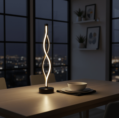 Lampe LED design torsadée posée sur une table moderne, éclairage élégant parfait pour salle à manger ou bureau.