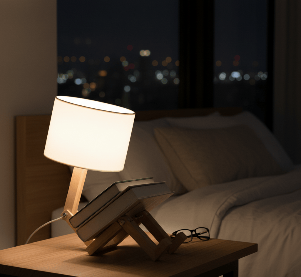 Lampe de bureau en bois posée sur une table de nuit, éclairage doux et chaleureux idéal pour chambre moderne.