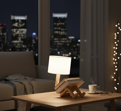 Lampe de bureau en bois posée dans un salon contemporain, lumière apaisante idéale pour créer une ambiance cosy.