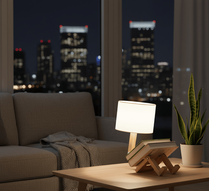 Lampe de bureau en bois avec plante décorative en arrière-plan, éclairage doux pour ambiance naturelle et relaxante.