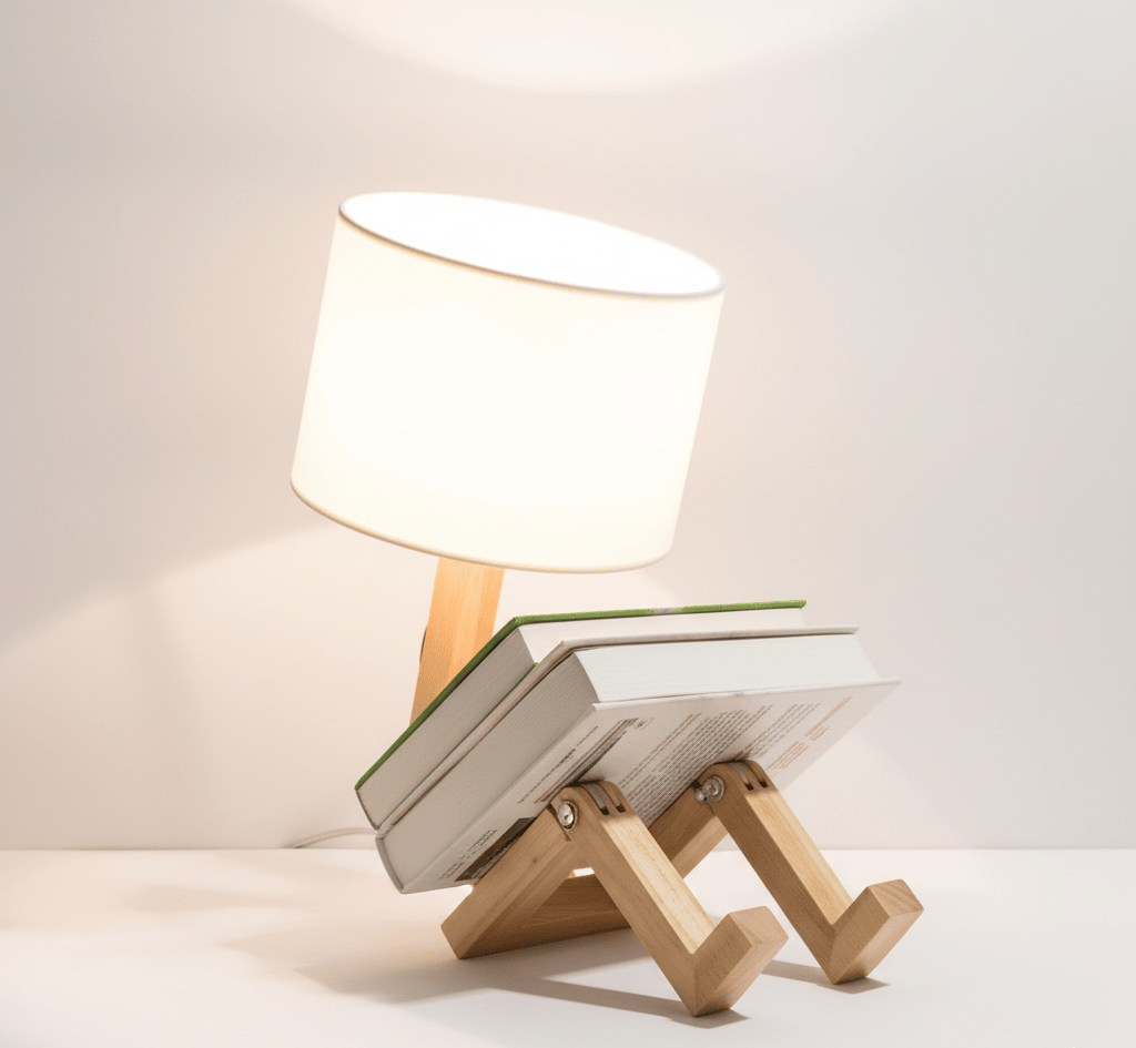 Lampe de bureau en bois avec bras articulé et abat-jour blanc, design naturel et moderne pour espace de travail ou décoration intérieure.