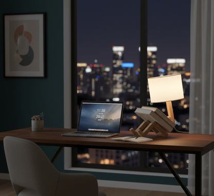 Lampe de bureau en bois sur un espace de travail moderne avec vue nocturne, éclairage fonctionnel pour productivité et décoration élégante.