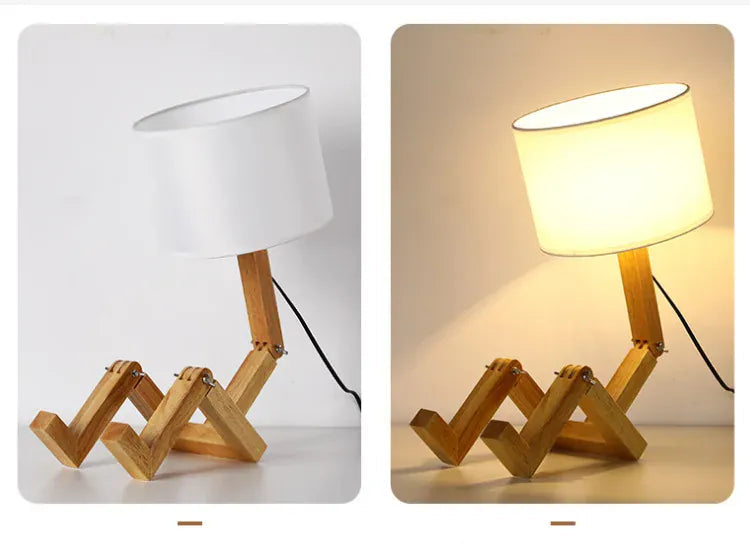 Lampe de bureau en bois montrée dans différentes positions articulées, démonstration de flexibilité et d’ajustement du bras.
