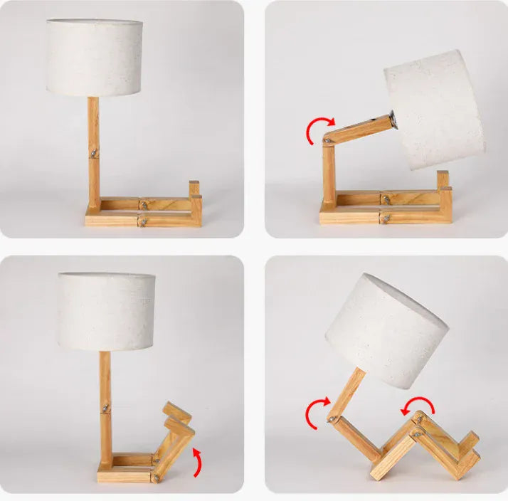 Schéma des articulations de la lampe de bureau en bois, présentation des mouvements possibles et angles réglables.