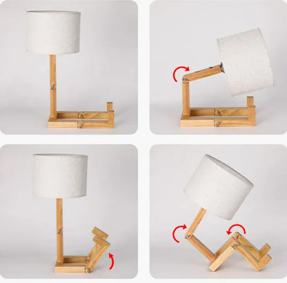 Schéma des articulations de la lampe de bureau en bois, présentation des mouvements possibles et angles réglables.