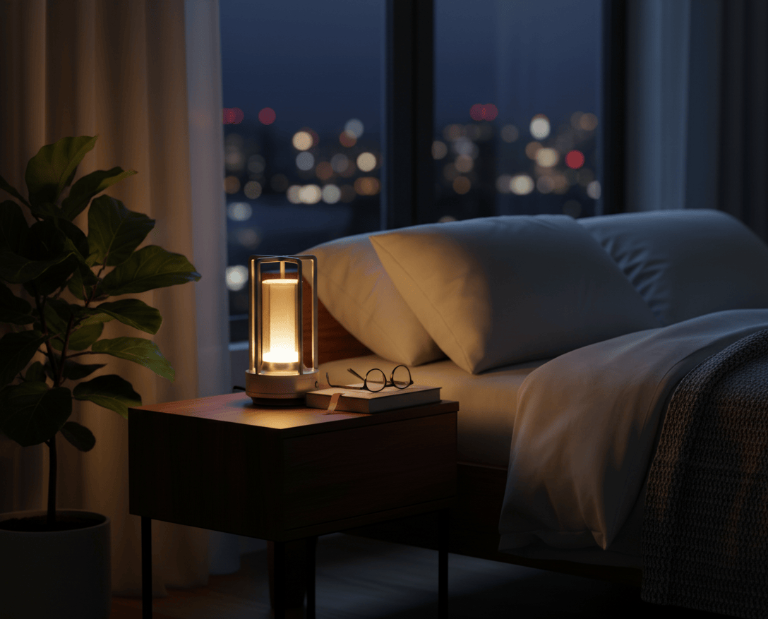 Lampe de bureau sans fil posée sur une table de nuit dans une chambre moderne, éclairage chaleureux LED rechargeable.