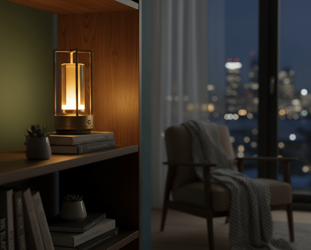 Lampe de bureau sans fil LED dorée dans un coin lecture avec fauteuil, lumière douce pour ambiance relaxante.