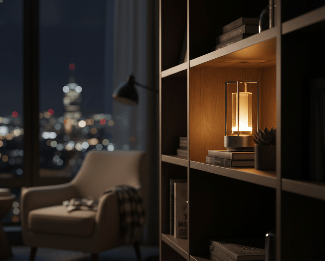 Lampe de bureau sans fil dorée posée sur une étagère, décoration lumineuse pour intérieur moderne et ambiance cosy.
