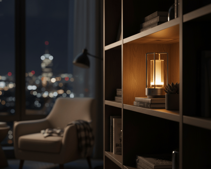 Lampe de bureau sans fil dorée posée sur une étagère, décoration lumineuse pour intérieur moderne et ambiance cosy.
