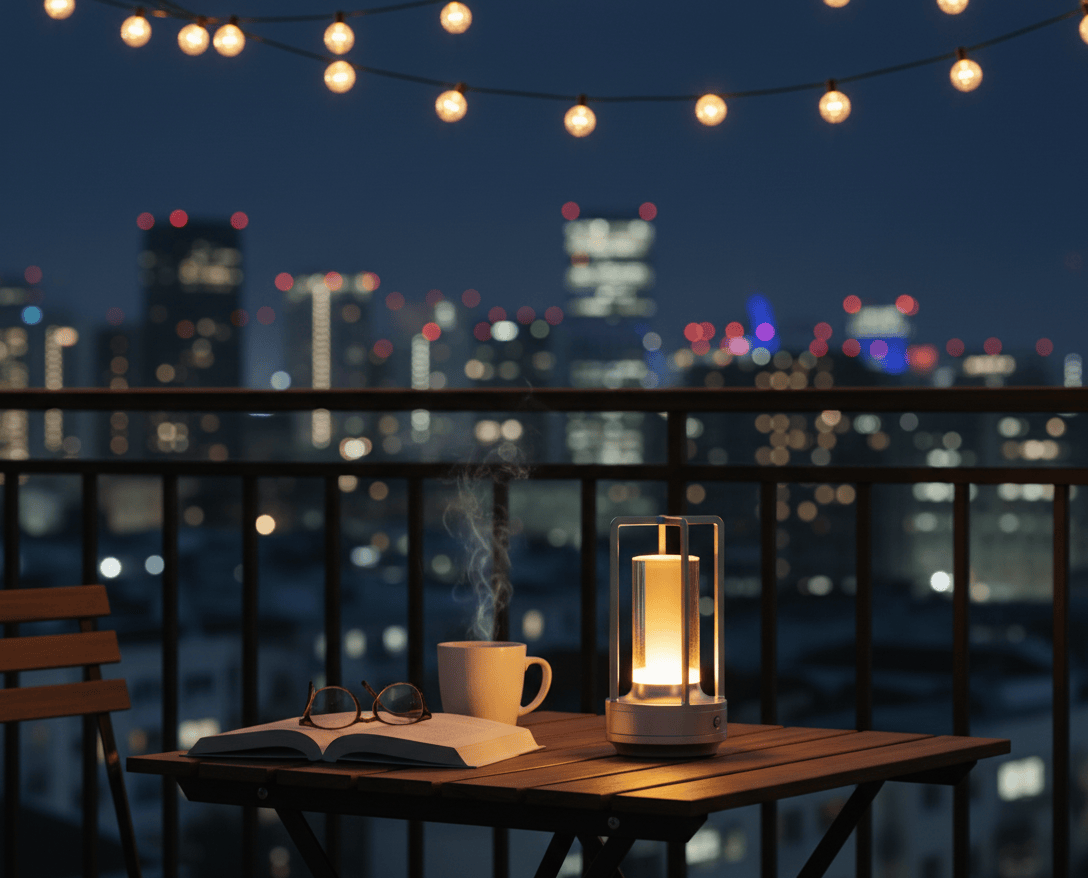 Lampe LED sans fil placée sur une table extérieure avec vue nocturne, idéale pour soirées et détente.