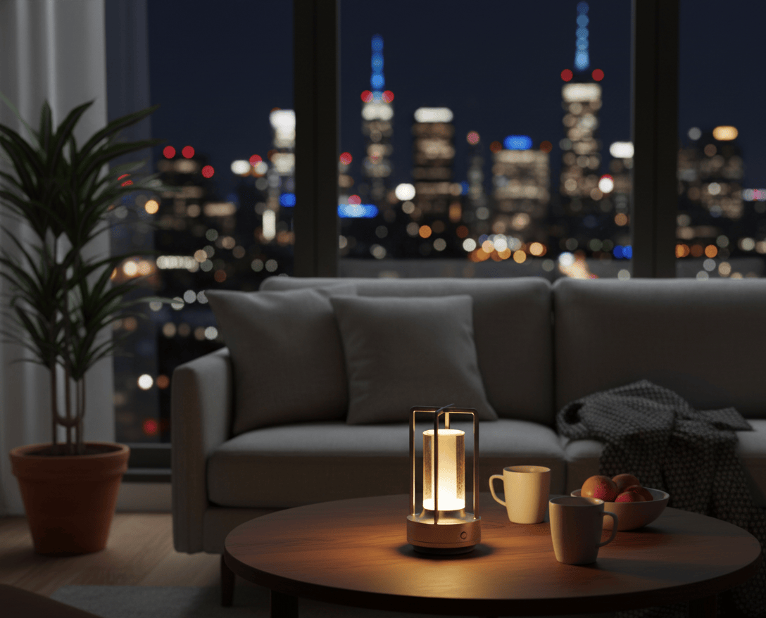 Lampe de bureau sans fil utilisée comme luminaire décoratif dans un salon moderne, éclairage atmosphérique.