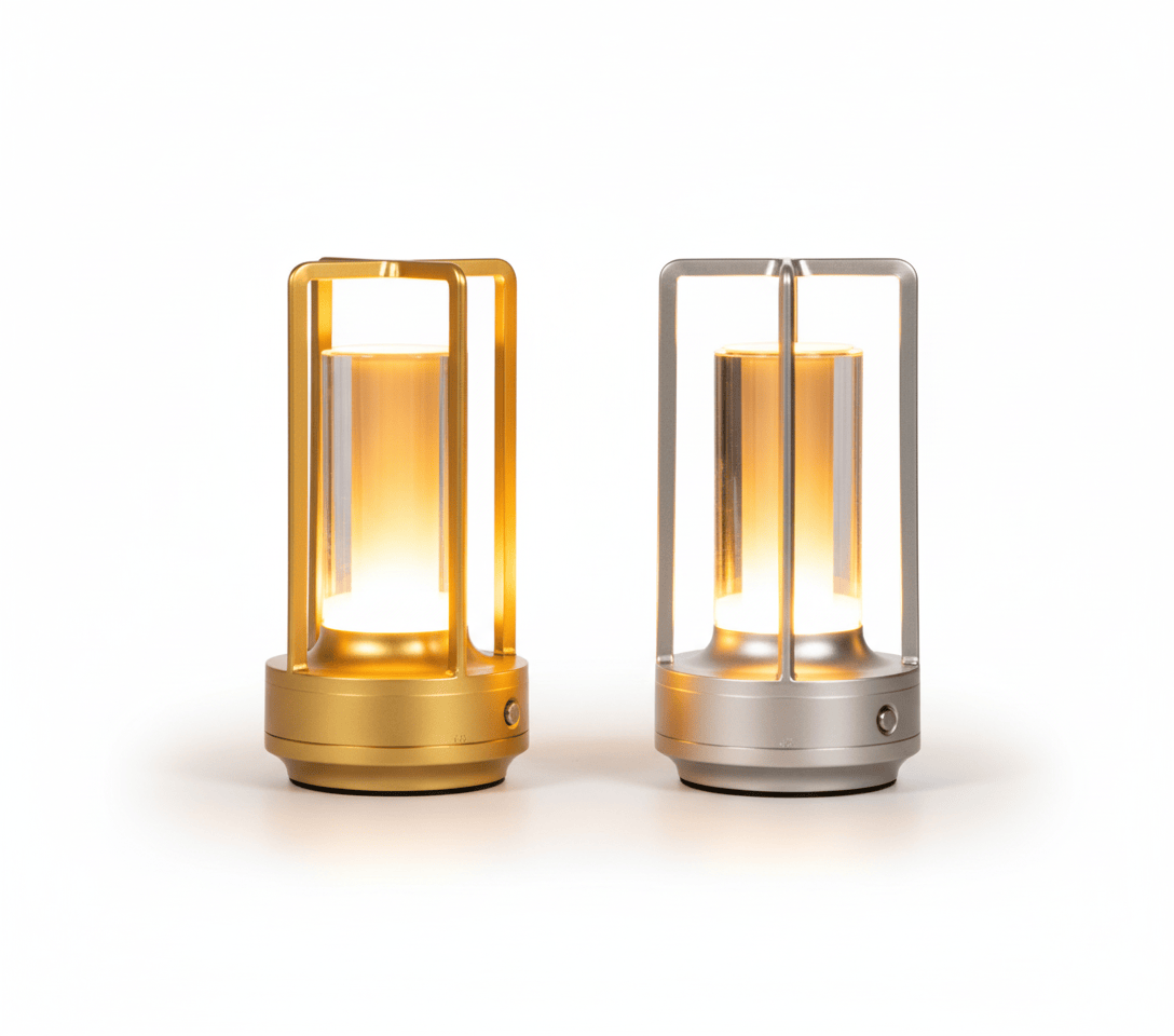 Lampes de bureau sans fil en version or et argent, éclairage LED moderne rechargeable, design élégant pour bureau et maison.