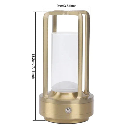 Schéma technique de la lampe de bureau sans fil dorée avec mesures précises en centimètres.
